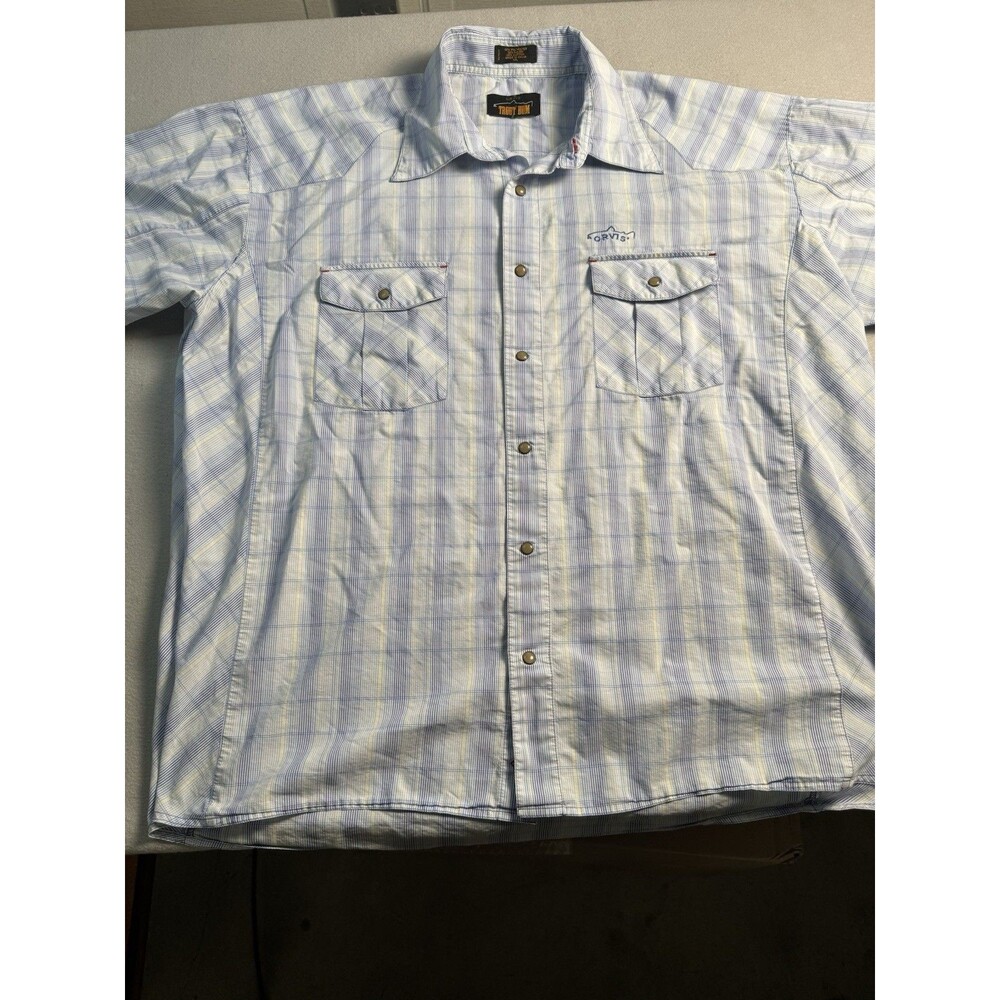 Orvis Trout Bum Pearl Snap Shirt Mens Blue Plaid Size XXL Short Sleeve Outdoor